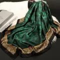 Elegant emerald green floral silk scarf with leopard print border and satin finish - Emerald Green Leopard Rose