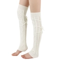 Detail of cream knitted over-knee leg warmers featuring cross-tie lace and bow decoration - One Size / White