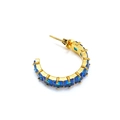 Detail view of gold C-shape hoop earrings with square-cut navy blue zircon stones - Gold Blue Zirconia (Single)