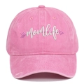 Stylish pink washed cotton baseball cap featuring embroidered mom life graphic design - Pink