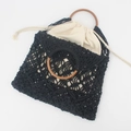 Handmade black macrame cotton rope beach bag with round wooden handles and drawstring pouch - Black