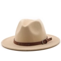Detail view of the beige felt fedora hat with brown leather band and metal buckle - M (56-58cm) / Beige