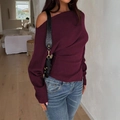 Élégant pull en maille bordeaux profond à épaule dénudée pour femme en tissu côtelé - S / Fuchsia