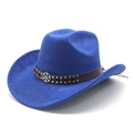 Detailed view of royal blue suede cowboy hat with studded leather band and silver buckle - M (56-59cm) / Sapphire Blue