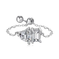 Silver adjustable chain ring with heart and emerald cut cubic zirconia stones - Adjustable / Silver-Double Stone-White White