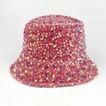 Women's trendy hot pink leopard sequin bucket hat with velvet finish for street fashion - Rose Pink