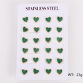Set of 12 pairs of minimalist colorful heart earrings in gold plated stainless steel - Small (8.8*8mm) / Green Shell