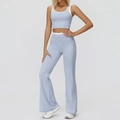 Women's light blue yoga set with contrast white trim and high waist flare pants - S / Top And Bottom (Tank Top + Flared Pants) / Mist Blue