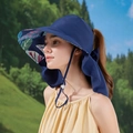 Dark blue sun hat with wide brim, neck flap and tropical leaf lining for outdoor protection - Leaf Navy Blue