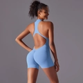 Detailed back view of sky blue yoga bodysuit with cross straps and ruched butt lifting - S / Top And Bottom / Medium Blue & White
