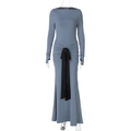 Detail of grey-blue long-sleeve dress featuring a black satin waist tie and ruched design - S / Haze Blue