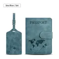 Sea blue PU leather passport holder and luggage tag set with RFID protection and world map - Magnetic Navy Blue Travel Set / Aqua