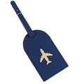 Blue leather luggage tag with golden airplane design and matching adjustable strap - Navy Blue