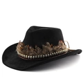 Classic black wide brim cowboy hat with brown feather trim and metallic bead detail - M (56-58cm) / Black
