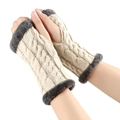 Winter cable knit fingerless gloves with plush trim in beige and dark grey color - One Size / Light Beige 10#