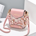 Pink and white checkered mini crossbody bag with cute cat print and silk scarf handle - Pink