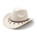 Close-up of beige western cowboy hat with ethnic woven band and silver metal pendants - M (56-58cm) / Beige