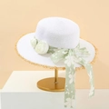 Weißer Strohhut mit Fransensaum und grünem Blumen-Spitzenband für Damen am Strand - M(56-58cm) / Reinweiß