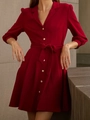 Elegant wine red wrap dress with lapel collar, waist tie, and balloon long sleeves - S / Burgundy