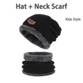 Children's black knit hat and neck warmer set with warm faux fur lining - Black