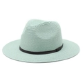 Mint green straw Fedora sun hat with black band, stylish beach accessory for summer vacation - M (56-58cm) / Mint Green
