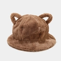 Brown plush bucket hat with cute cat ears made of soft faux fur for winter warmth - M (56-58cm) / Brown