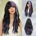 Long wavy black wig with purple highlights and bangs shown on model and mannequin - Black With Purple Highlights