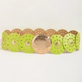 Lime green faux leather circle belt with gold embossed buckle and hollow metal eyelets - Bright Gold Green