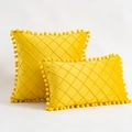Yellow velvet diamond lattice throw pillows with pom pom tassels in square and rectangle - Mustard Yellow
