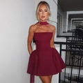 Elegant burgundy tube mini dress with matching choker shown in a stylish balcony setting - S / Burgundy