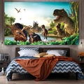 Détail d'une grande tapisserie murale dinosaure avec T-Rex et Triceratops dans une chambre - Style KL006