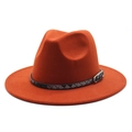 Detail of rust red wool fedora with a tricolor braided band and silver metal buckle - M (56-58cm) / Caramel color