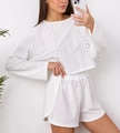 White two-piece women's pajama set featuring geometric eyelet embroidery and high waist shorts - S / White