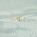 Elegant s925 silver double heart ring with blue and yellow zircons on textured blue fabric - Adjustable Open / Platinum (Yellow & Blue Heart Zirconia)