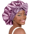 Lavender purple double-layer satin sleeping cap with a large decorative bow for hair care - Large / Leather Purple