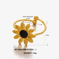 18K gold plated stainless steel sun flower ring with black center and rope band - Black (Gold Band)
