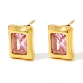 14K gold plated geometric stud earrings featuring square pink zircon stones - Pink Zircon Style (DEK686)