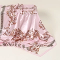 Elegant pink satin square scarf featuring golden baroque scroll patterns and silk finish - FJ462-02-Baroque Pink