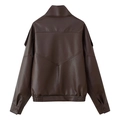 Back view of brown faux leather biker jacket with stand collar and ribbed hem - S / Brown