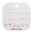 Detail view of 9 pairs of silver and pink stud earrings on a fashion jewelry card - Pink Heart Bow Star Moon Set(E0200-1)