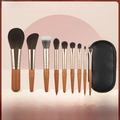 Mini set di 9 pennelli da trucco con custodia da viaggio in pelle nera e manici in legno - 9 Pennelli + Borsa (Manico in Legno) / Legno Naturale/Oro/Borsa Nera