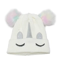 Süße Einhorn Strickmütze für Kinder mit bunten Fellbommeln und silbernem Horn-Detail - M (54-56cm) / Weiß