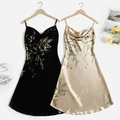 Florales Satin-Unterkleid in Schwarz und Champagnergold mit schmalen Trägern - S / Schwarze Kirsche + Champagner Kirsche (2er-Set)