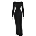 Elegante abito da sera nero a maniche lunghe con schiena scoperta e spacco laterale - S / Nero