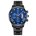 Fashionable men's quartz watch with black steel band and blue dial featuring calendar sub-dials - Blue Dial Gold Needle Black Strap (Fork Ear Edition)