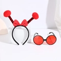 Detail view of ladybug themed party headband with red bow and patterned glasses - Red Ball Stripe Bowknot Headband + Glasses
