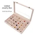 Pink velvet 30-slot jewelry display box with clear glass lid 34.8x24.8x5cm - 30 Grids - Beige