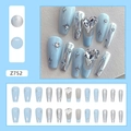 Sky blue and silver metallic ballerina fake nails with sparkling heart rhinestones and stars - Z752 Metallic Stars