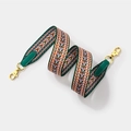 Colorful geometric woven shoulder strap with green leather ends and gold metal hooks - L80cm W3.8cm / Green Webbing with Gold Buckle