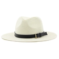 Chapeau de paille Panama classique blanc cassé avec ruban en similicuir noir et boucle - M (56-58cm) / Blanc Lait